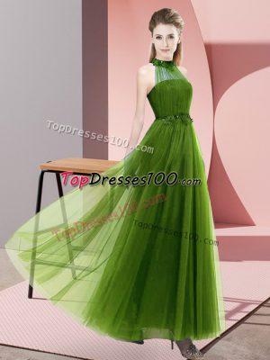 Trendy Olive Green Halter Top Neckline Beading and Appliques Bridesmaid Dress Sleeveless Lace Up