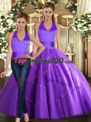 Perfect Floor Length Purple 15th Birthday Dress Halter Top Sleeveless Lace Up