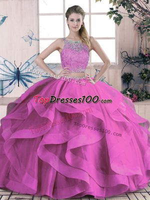 Lilac Two Pieces Tulle Scoop Sleeveless Beading and Lace and Ruffles Floor Length Lace Up Sweet 16 Dress