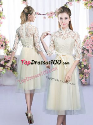Champagne Half Sleeves Tea Length Lace and Bowknot Zipper Bridesmaids Dress