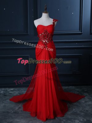 Suitable Red Prom Gown Prom and Party and Military Ball with Beading and Lace and Appliques One Shoulder Sleeveless Watteau Train Zipper