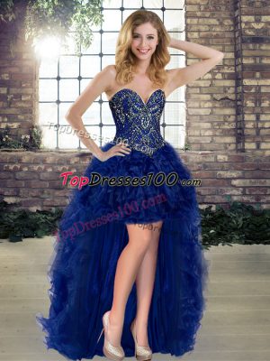 Royal Blue Lace Up Pageant Dress Womens Beading and Ruffles Sleeveless High Low