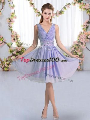 New Arrival Lavender Empire Chiffon V-neck Sleeveless Beading Knee Length Zipper Damas Dress