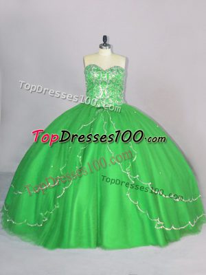 Ball Gowns Sweetheart Sleeveless Tulle Brush Train Lace Up Beading Quinceanera Dress