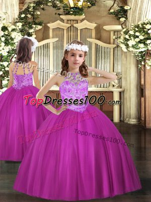 Inexpensive Halter Top Sleeveless Tulle Pageant Dress Womens Beading Lace Up