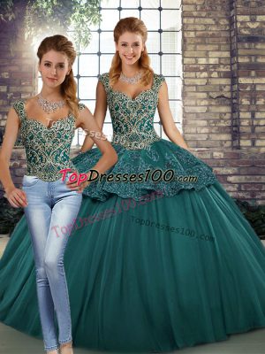 Green Straps Neckline Beading and Appliques Quinceanera Gowns Sleeveless Lace Up