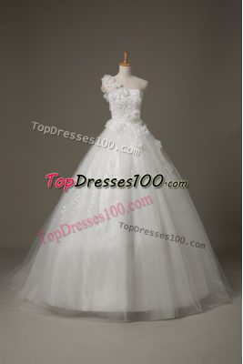 Sleeveless Beading and Lace and Hand Made Flower Lace Up Bridal Gown with White Brush Train