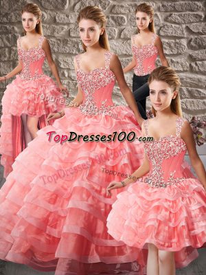 Watermelon Red Ball Gowns Organza Straps Sleeveless Beading and Ruffled Layers Lace Up Ball Gown Prom Dress Court Train