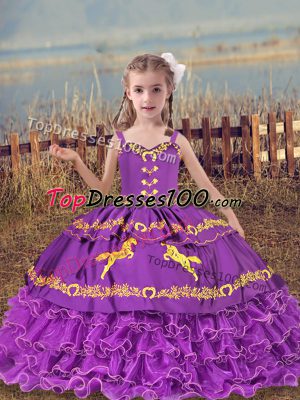 Straps Sleeveless Lace Up Child Pageant Dress Eggplant Purple Organza