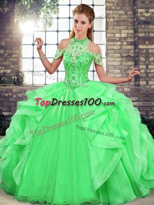Pretty Green Sweet 16 Quinceanera Dress Military Ball and Sweet 16 and Quinceanera with Beading and Ruffles Halter Top Sleeveless Lace Up