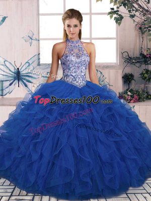 High Quality Blue Tulle Lace Up Halter Top Sleeveless Floor Length Ball Gown Prom Dress Beading and Ruffles