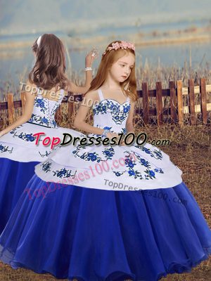 Unique Floor Length Royal Blue Kids Pageant Dress Organza Sleeveless Embroidery
