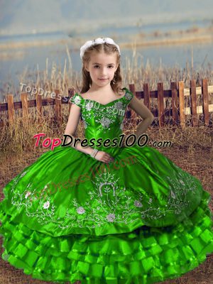 New Arrival Green Pageant Gowns For Girls Wedding Party with Embroidery and Ruffled Layers Off The Shoulder Sleeveless Lace Up