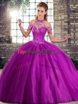 Beauteous Purple Lace Up Halter Top Beading 15 Quinceanera Dress Tulle Sleeveless Brush Train