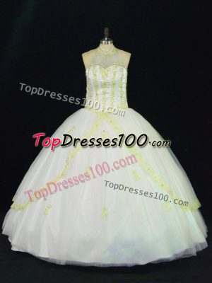 Yellow And White Halter Top Lace Up Appliques 15th Birthday Dress Sleeveless