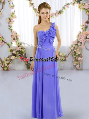 New Style One Shoulder Sleeveless Bridesmaids Dress Floor Length Hand Made Flower Lavender Chiffon