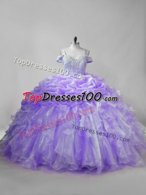 Sweet Lavender Sweet 16 Dresses Sweet 16 and Quinceanera with Beading and Ruffles and Pick Ups Straps Sleeveless Brush Train Lace Up
