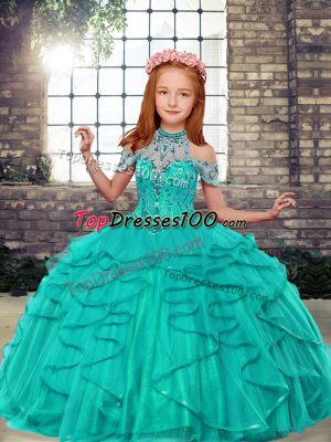 Turquoise Tulle Lace Up Pageant Dress for Teens Sleeveless Floor Length Beading and Ruffles