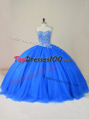 Best Floor Length Blue 15th Birthday Dress Tulle Sleeveless Beading