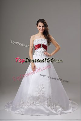White Ball Gowns Strapless Sleeveless Satin Brush Train Lace Up Beading and Embroidery Wedding Dress