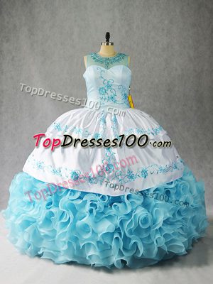 Custom Made Baby Blue Scoop Neckline Beading and Embroidery and Ruffles Quince Ball Gowns Sleeveless Lace Up