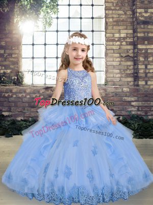 Hot Selling Sleeveless Tulle Floor Length Lace Up Pageant Gowns For Girls in Lavender with Appliques