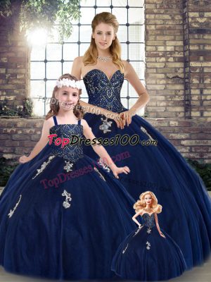 Sleeveless Floor Length Beading and Appliques Lace Up Quinceanera Dresses with Navy Blue