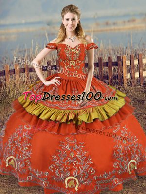Top Selling Rust Red Ball Gowns Off The Shoulder Sleeveless Satin and Organza Floor Length Lace Up Embroidery Sweet 16 Dresses