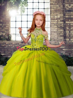 Top Selling Olive Green Halter Top Lace Up Beading Little Girls Pageant Dress Wholesale Sleeveless