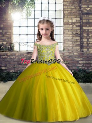 Hot Selling Olive Green Little Girl Pageant Gowns Party and Wedding Party with Beading Off The Shoulder Sleeveless Lace Up