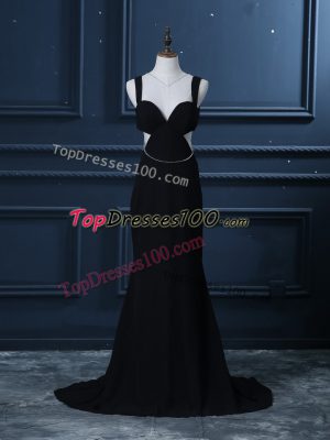 Classical Brush Train Mermaid Formal Dresses Black Straps Chiffon Sleeveless Backless