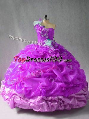 Floor Length Lace Up 15 Quinceanera Dress Purple for Sweet 16 and Quinceanera with Pick Ups and Hand Made Flower