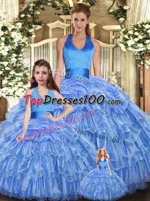 Baby Blue Halter Top Neckline Ruffles and Pick Ups Quinceanera Gown Sleeveless Lace Up