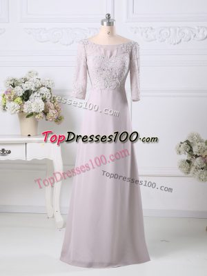 Pink Zipper Scoop Beading and Embroidery Prom Party Dress Chiffon 3 4 Length Sleeve