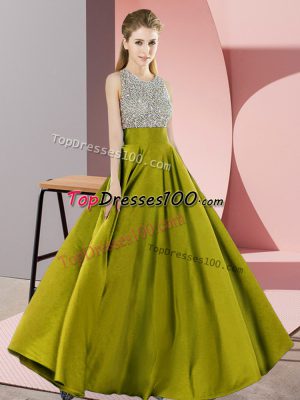 Fantastic Olive Green Sleeveless Elastic Woven Satin Backless Party Dress for Prom and Party