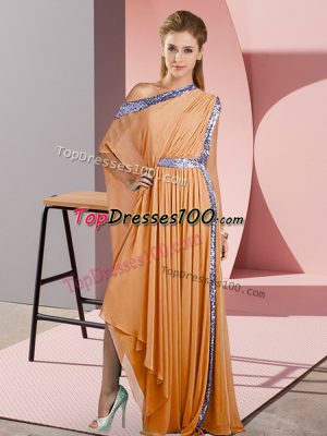 Flare Chiffon One Shoulder Sleeveless Side Zipper Sequins Evening Dress in Orange
