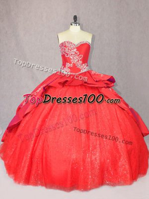 Red Tulle Lace Up Quinceanera Gowns Sleeveless Floor Length Court Train Embroidery