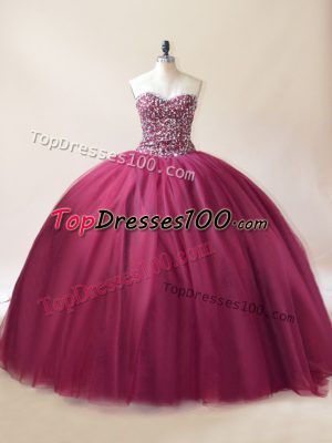 Hot Selling Burgundy Tulle Lace Up Quince Ball Gowns Sleeveless Floor Length Beading