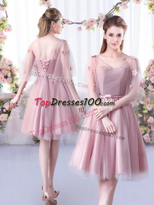 Delicate A-line Dama Dress for Quinceanera Pink V-neck Tulle Sleeveless Knee Length Lace Up