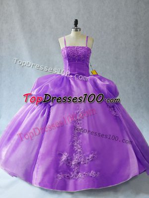 Deluxe Lavender Lace Up Spaghetti Straps Appliques Vestidos de Quinceanera Organza Sleeveless