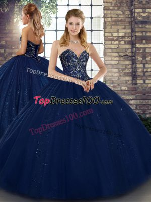 Custom Fit Ball Gowns 15 Quinceanera Dress Navy Blue Sweetheart Tulle Sleeveless Floor Length Lace Up