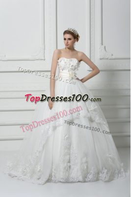 Fine Brush Train Ball Gowns Wedding Dresses White Strapless Tulle Sleeveless Lace Up