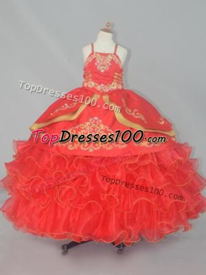 Fashion Floor Length Red Kids Pageant Dress Straps Sleeveless Lace Up