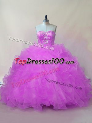 Traditional Sleeveless Organza Floor Length Lace Up Quinceanera Dresses in Lilac with Beading and Ruffles