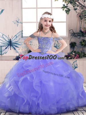 Perfect Lavender Lace Up Straps Beading and Ruffles Custom Made Pageant Dress Tulle Sleeveless