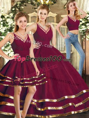 Burgundy Sleeveless Floor Length Ruffled Layers Backless Sweet 16 Dress
