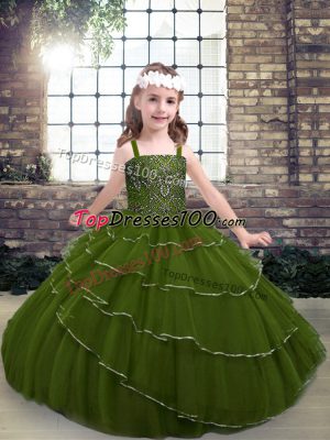 Custom Design Olive Green Pageant Gowns Party and Military Ball and Wedding Party with Beading and Ruffled Layers Straps Sleeveless Lace Up