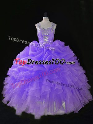 Lavender Ball Gowns Beading and Ruffles and Pick Ups Quinceanera Dresses Zipper Organza Sleeveless Floor Length