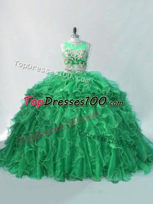 Organza Scoop Sleeveless Brush Train Beading and Ruffles Sweet 16 Quinceanera Dress in Green