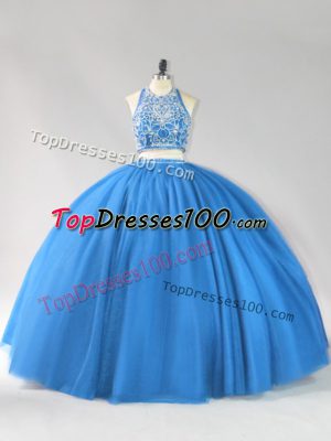 Strapless Sleeveless Backless Quinceanera Dresses Blue Tulle